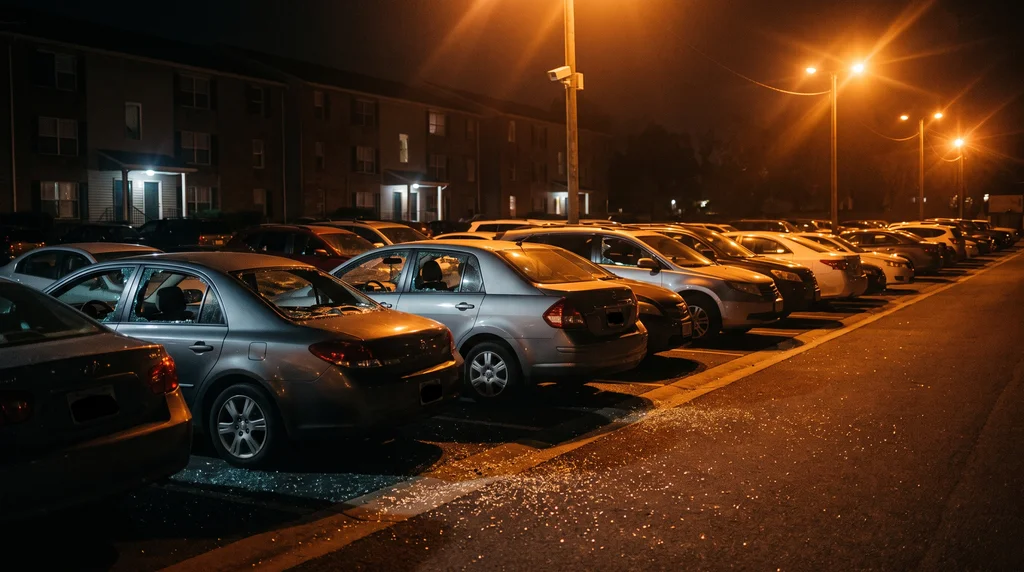 Row of parked cars with smashed side windows and glass on the asphalt in an apartment parking lot at night