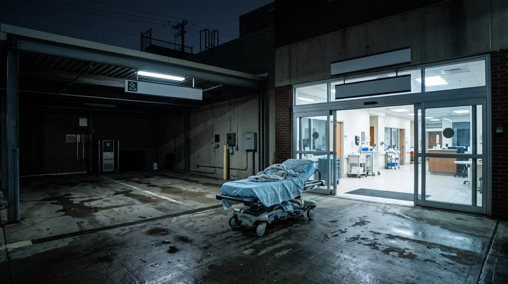 Open glass doors and an empty gurney at a hospital emergency ambulance bay at night