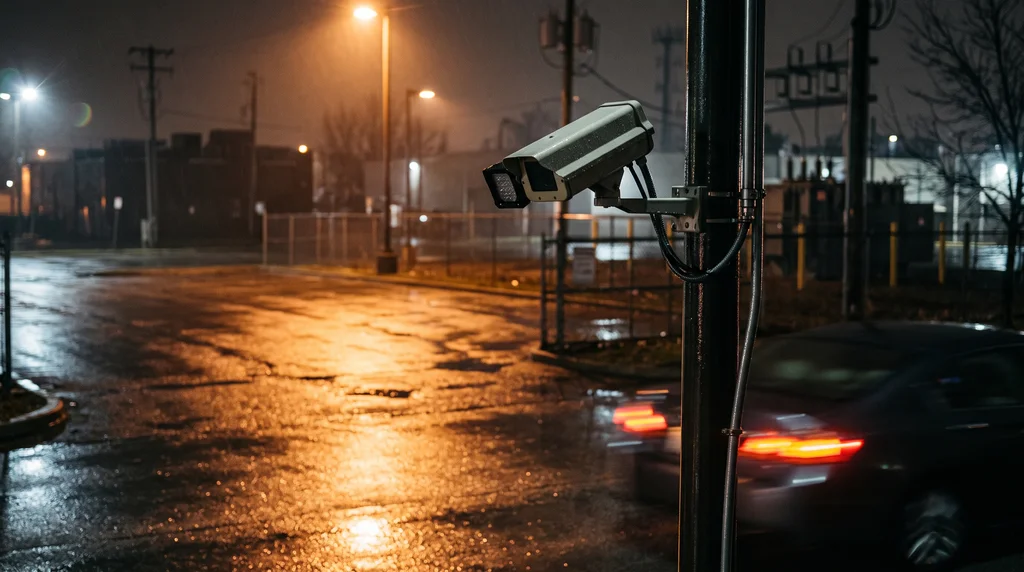 Pole-mounted license plate reader camera over a wet parking lot entrance at night as a car drives out
