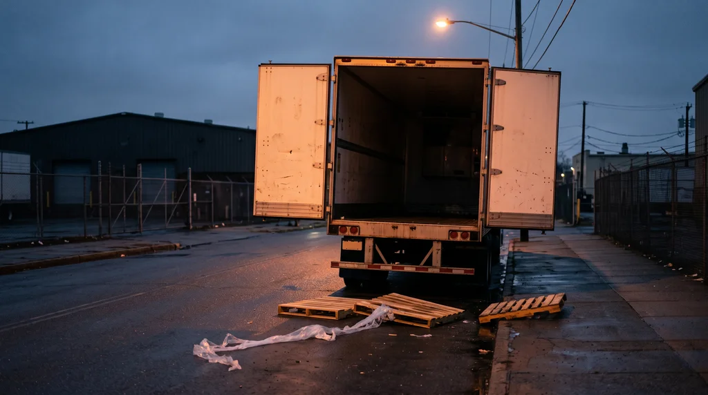 Open rear doors of a refrigerated trailer on a dark industrial street with empty pallets and torn shrink-wrap on the pavement