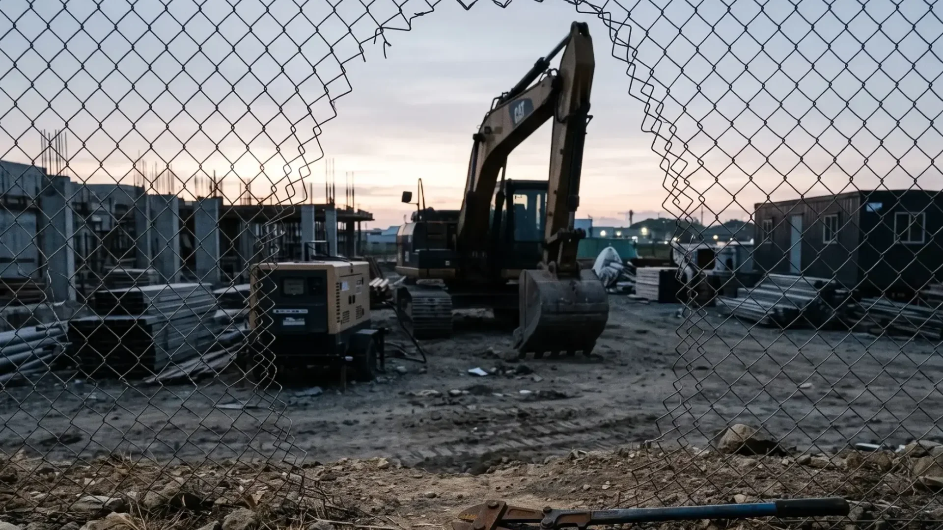 A breached chain-link fence at a commercial construction site showing the vulnerability of unsecured heavy equipment and materials.