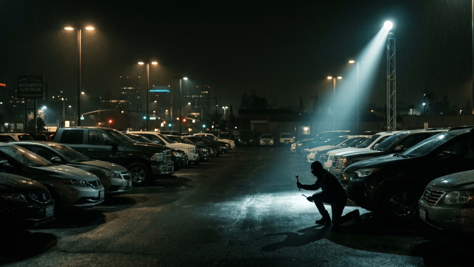 Man attempting to remove catalytic converter from parked car
