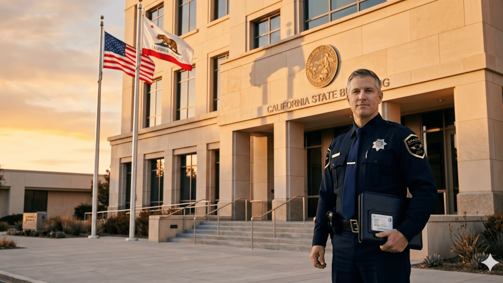 A uniformed Spade Security veteran officer standing confidently in the foreground holding a portfolio or credential document