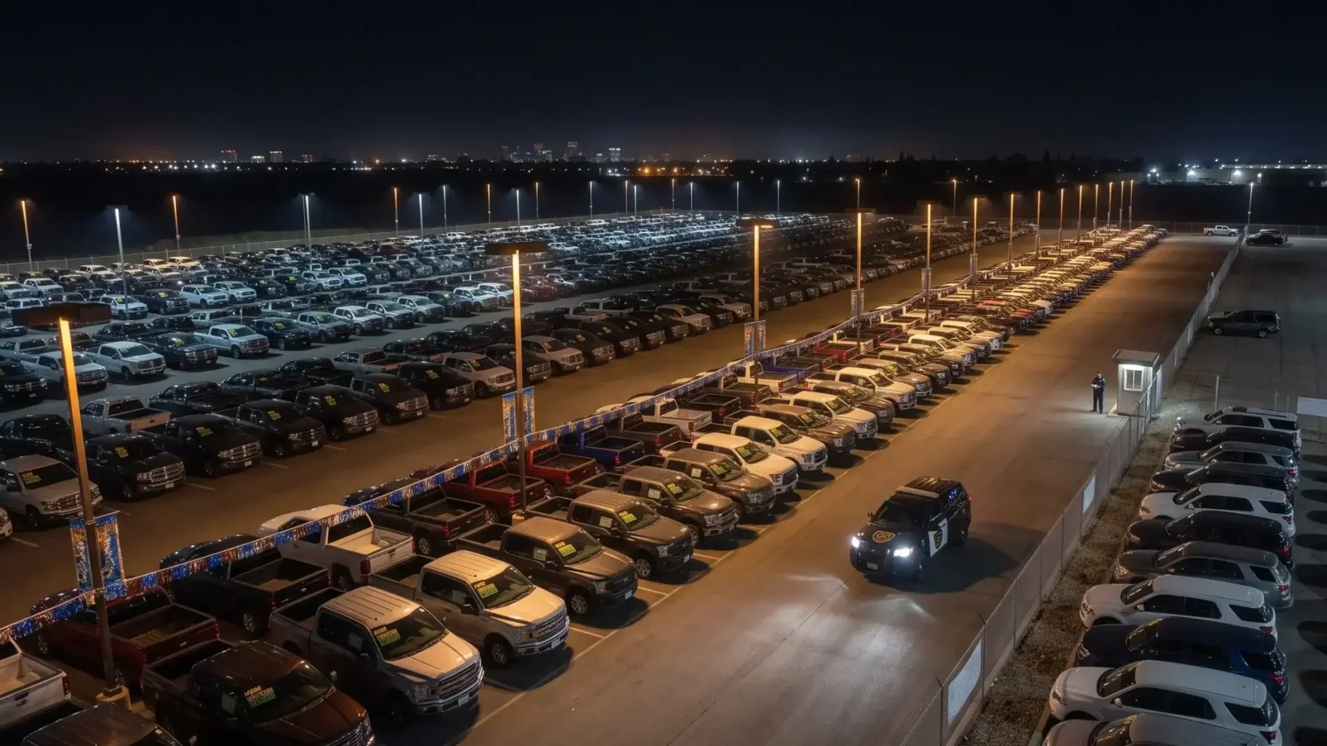 SPADE Security patrol vehicle monitoring a Sacramento auto dealership lot at night with rows of trucks and SUVs