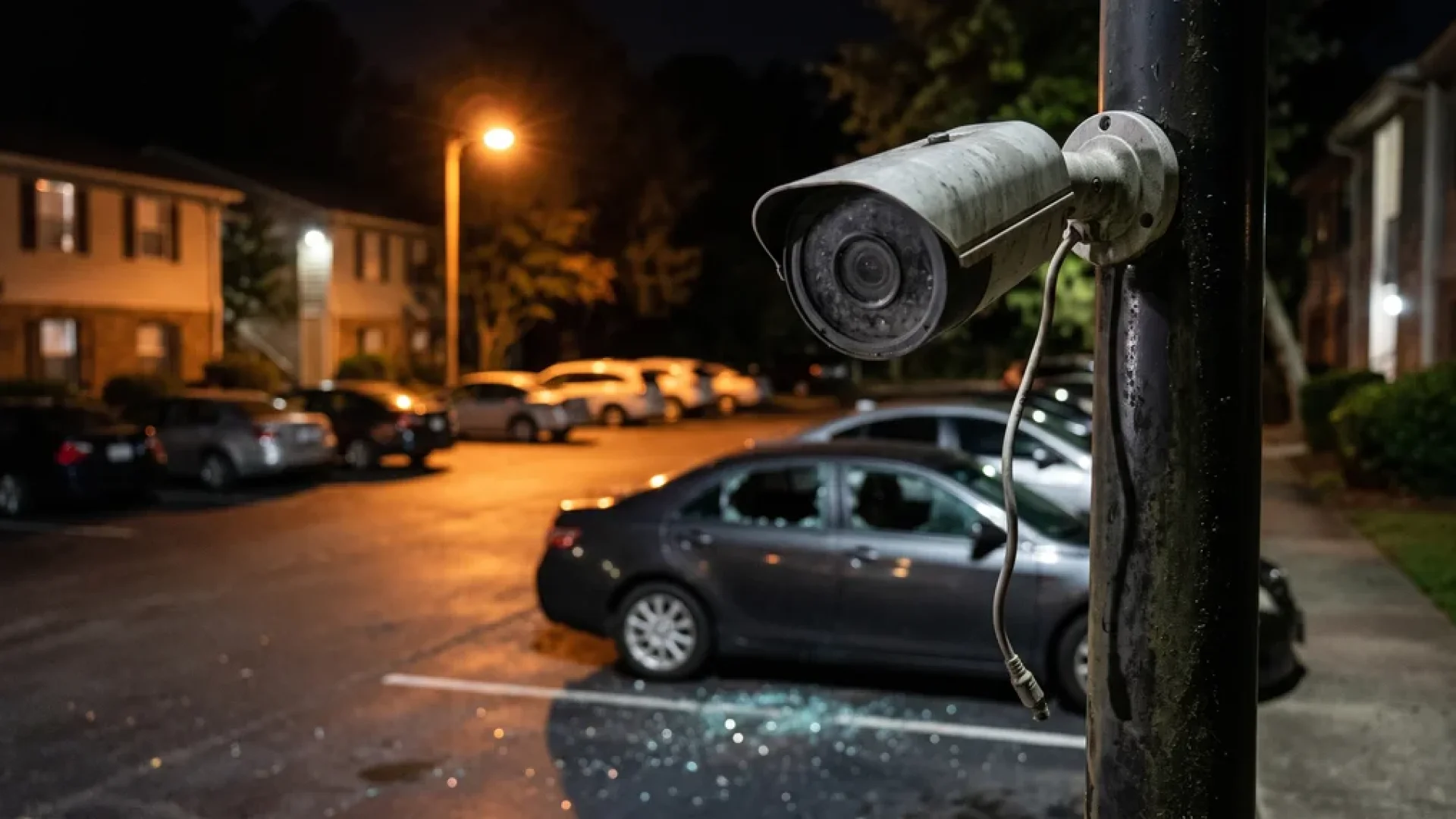 Dead pole-mounted security camera over an apartment parking lot where a parked car has a shattered window