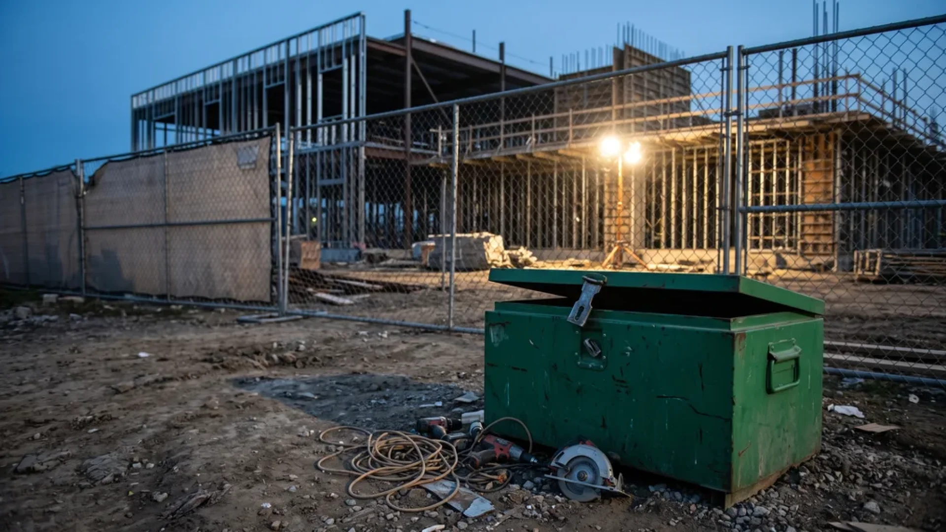 Contractor job box with a pried-open lid beside a steel-framed building under construction at dusk