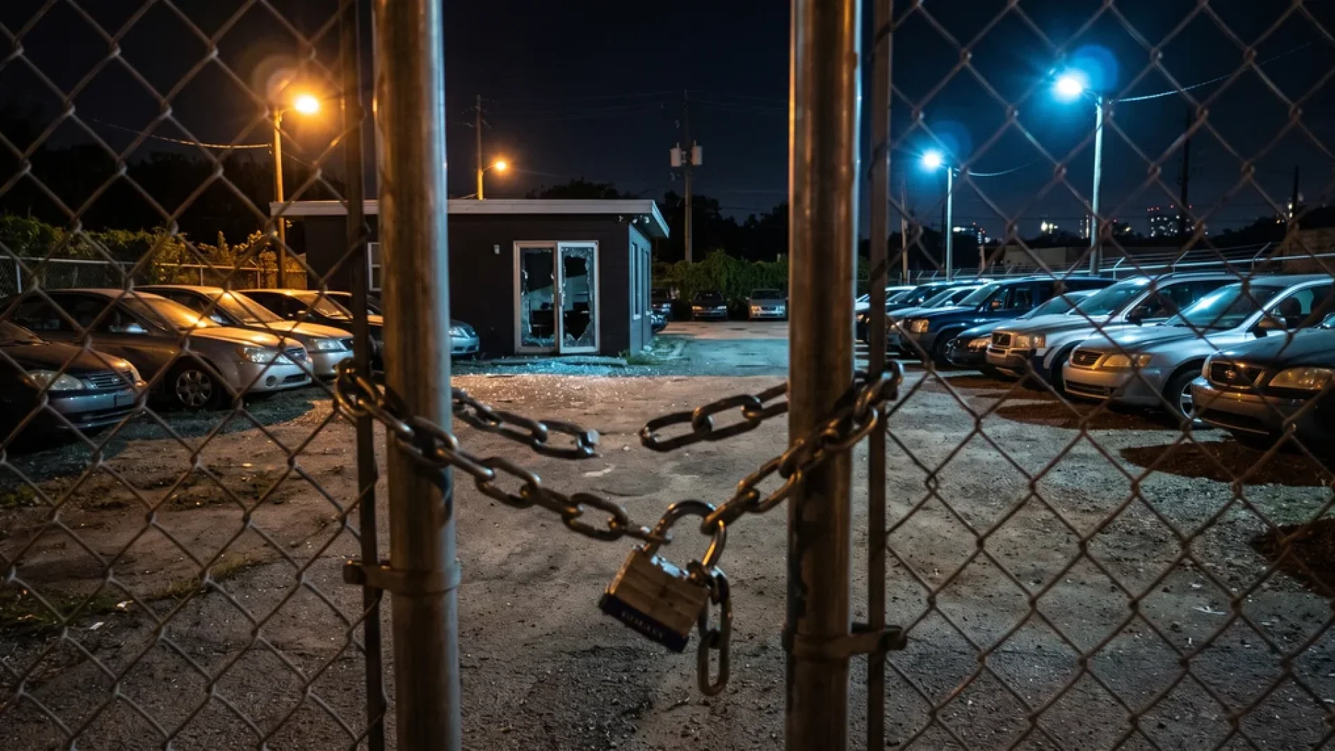 Cut padlock and chain on the gate of a used-car dealership lot at night after a break-in