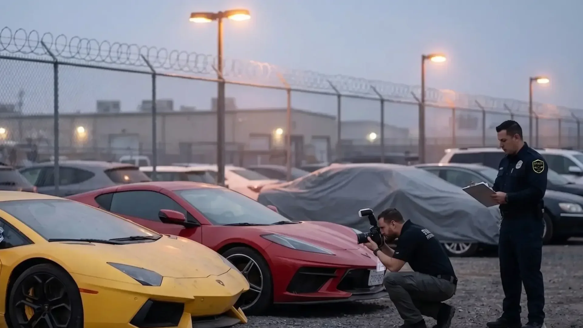 Recovered luxury vehicles including a Lamborghini and Corvette being logged into an impound facility after a theft ring bust, with SPADE Security documentation support