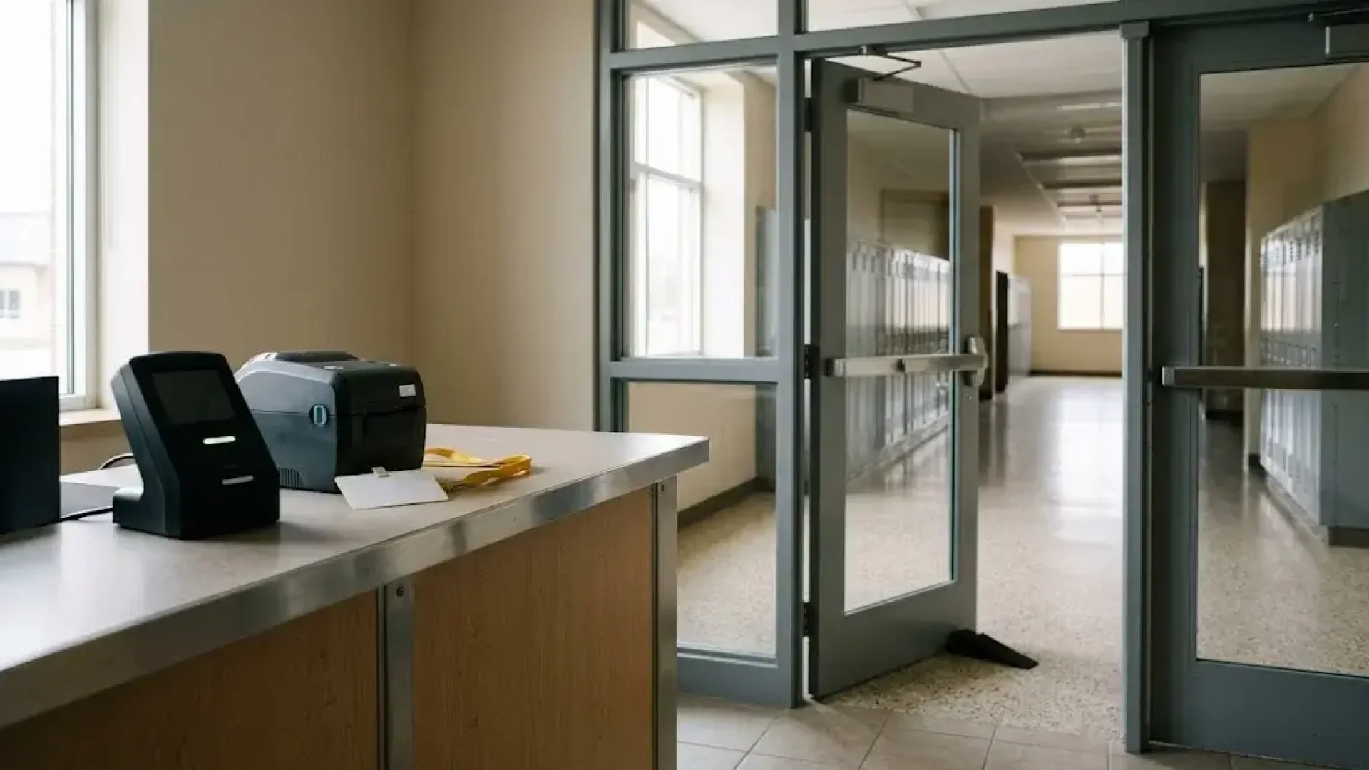 K-12 school visitor check-in counter with an ID scanner and badge printer, the inner security door into the hallway propped open with a doorstop
