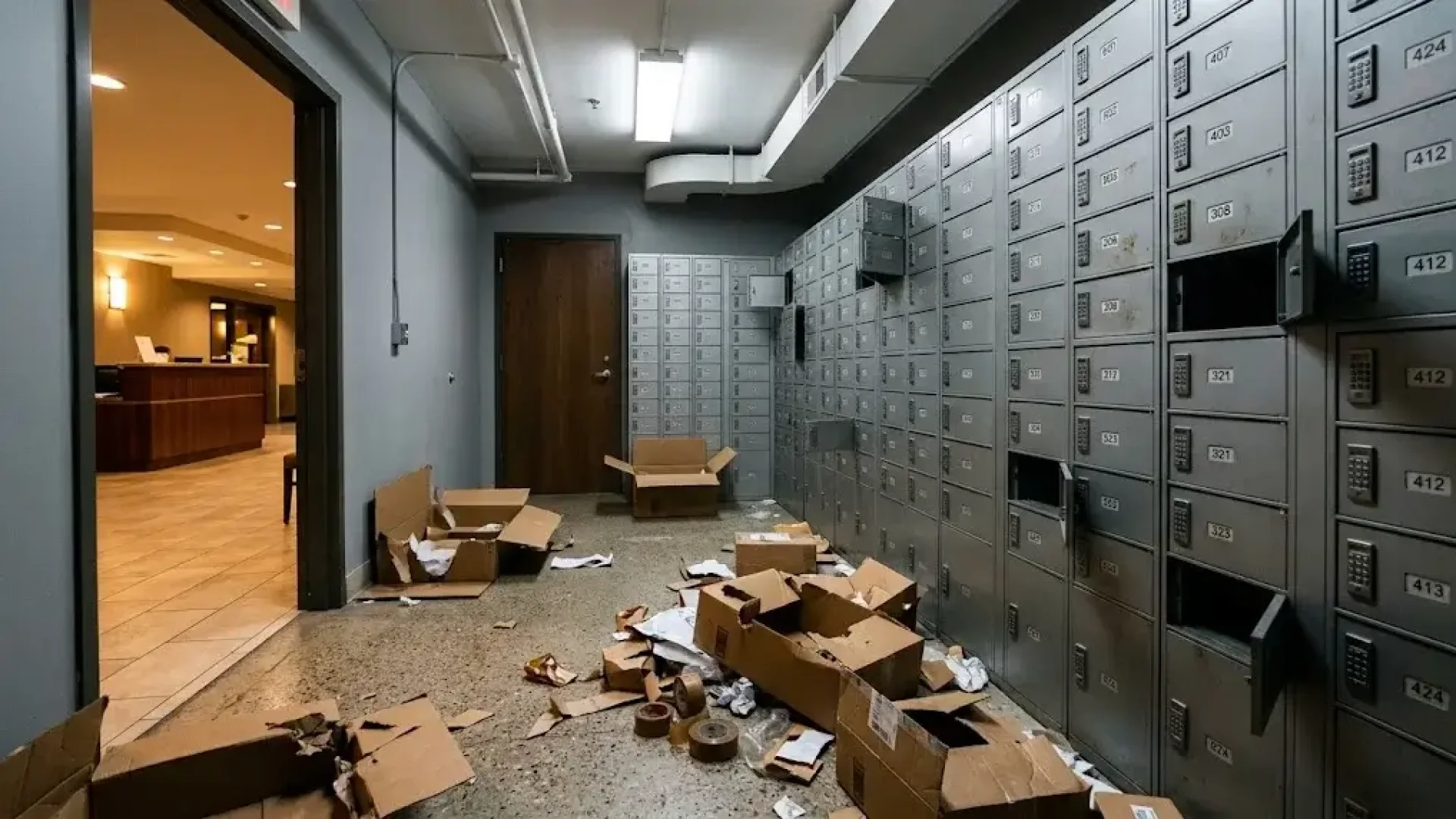 Apartment package room with parcel lockers hanging open and torn delivery boxes scattered on the floor