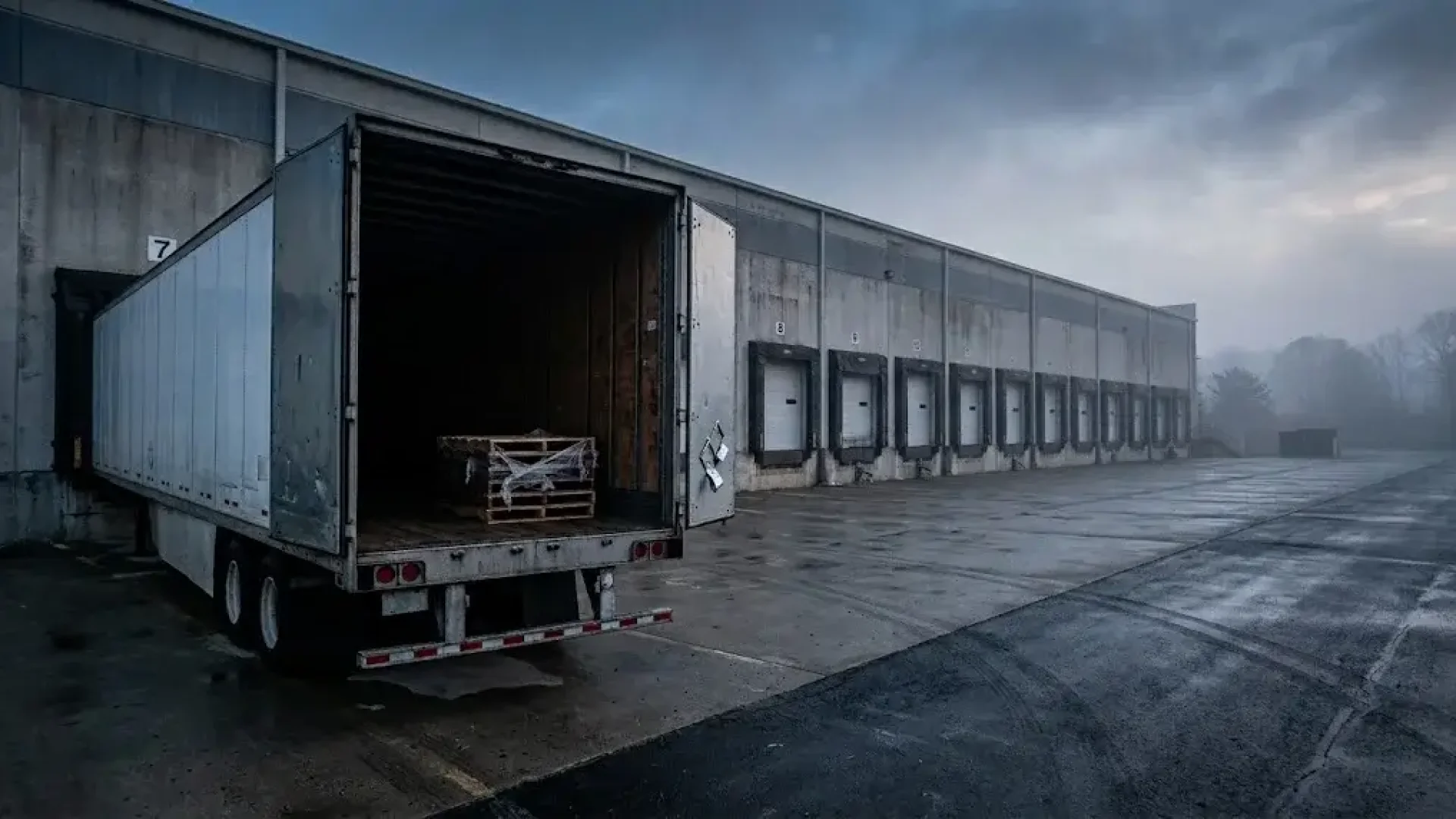 Empty semi-trailer with doors open at a foggy warehouse loading dock, a single pallet inside and a cut security seal