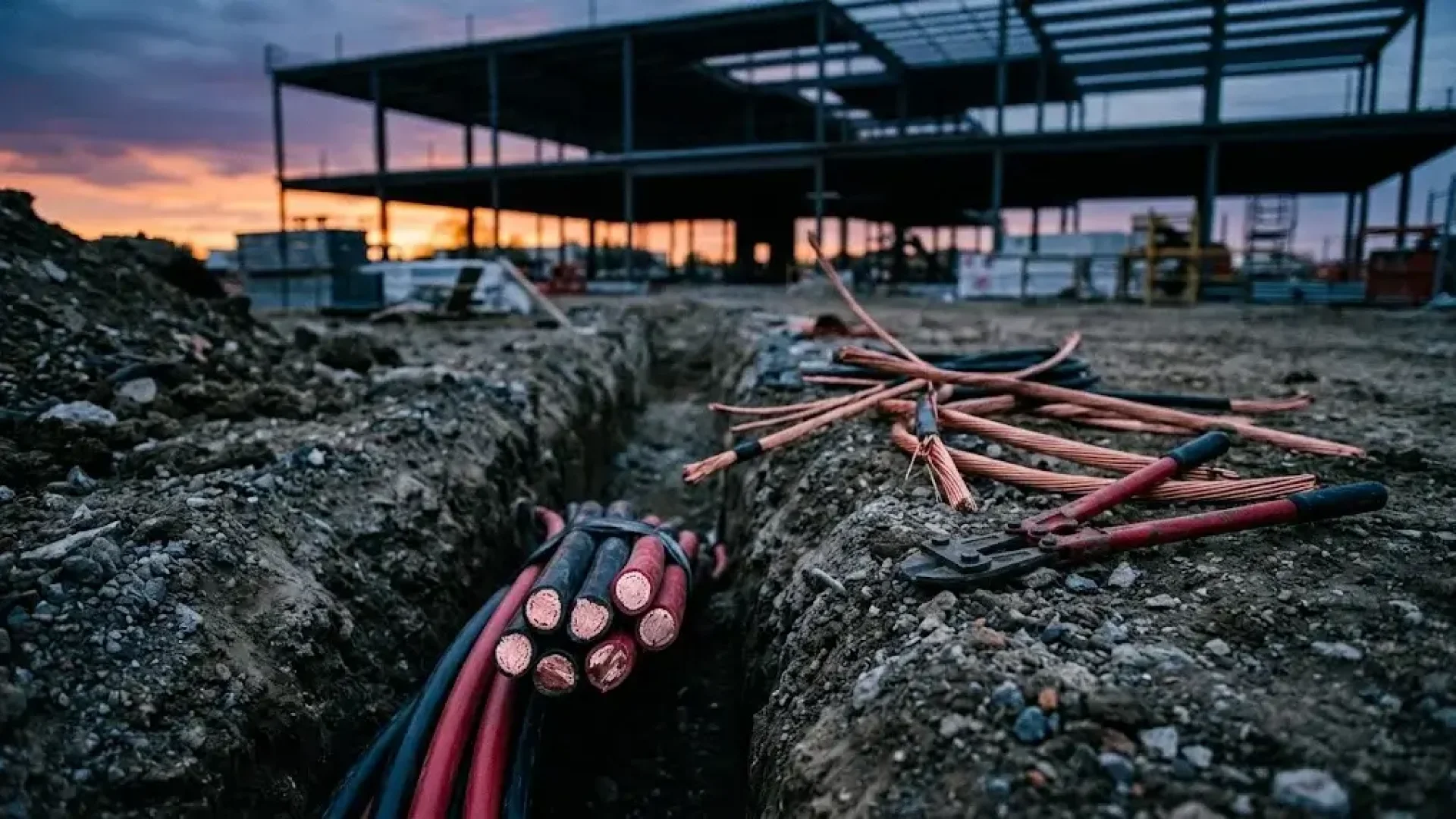 Cut copper cables with bright freshly cut ends in an open trench at a construction site at dusk, bolt cutters beside them