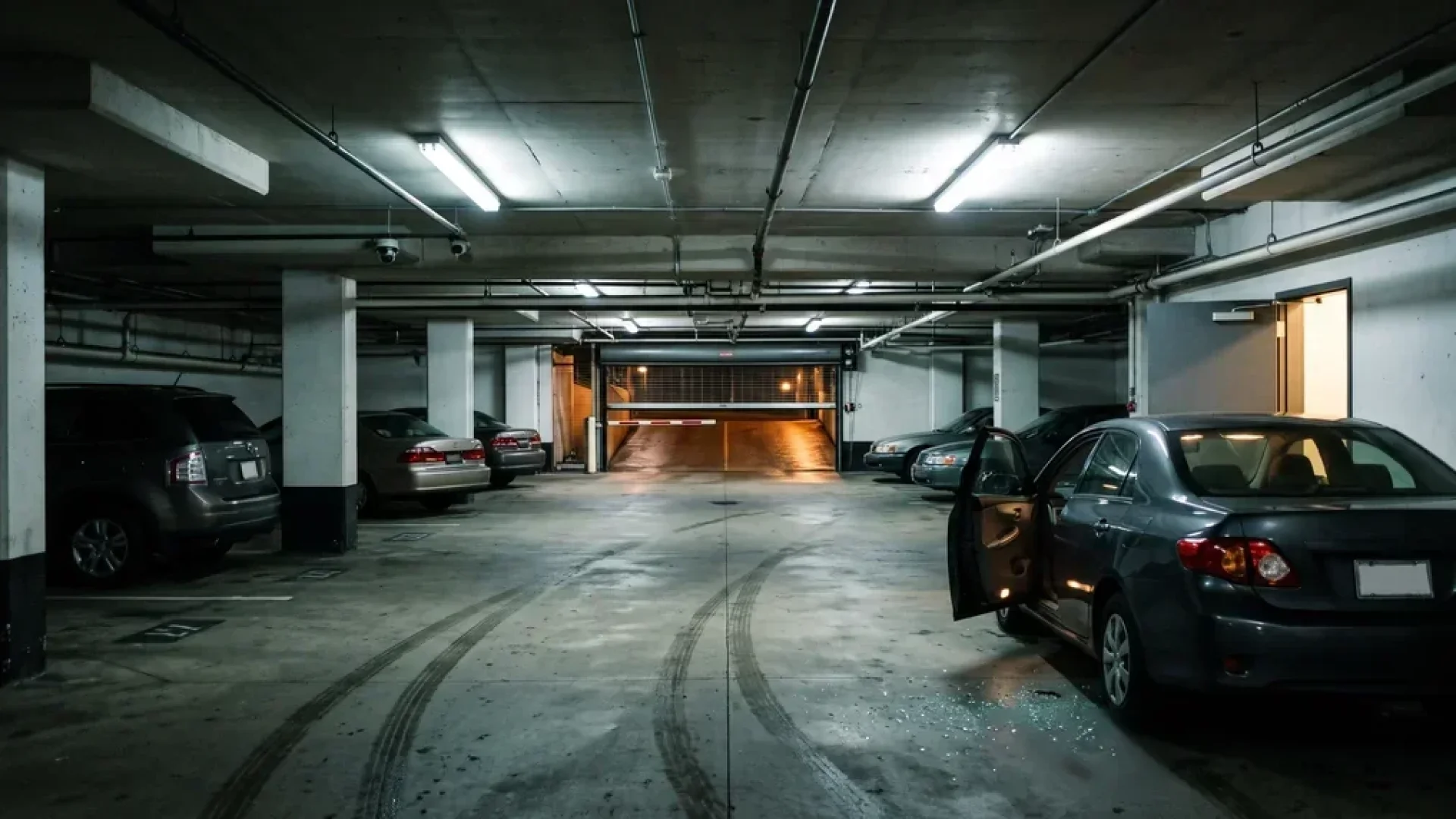 Apartment parking garage security at night: a lowered gate arm, a propped stairwell door, and a car with its door ajar