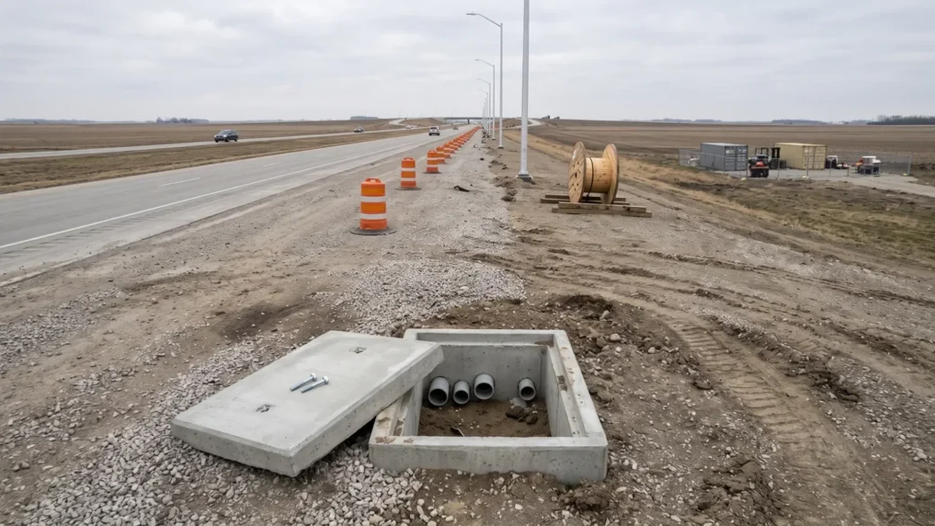Highway construction site security risk: an open pull box beside unlit new poles on a work zone shoulder