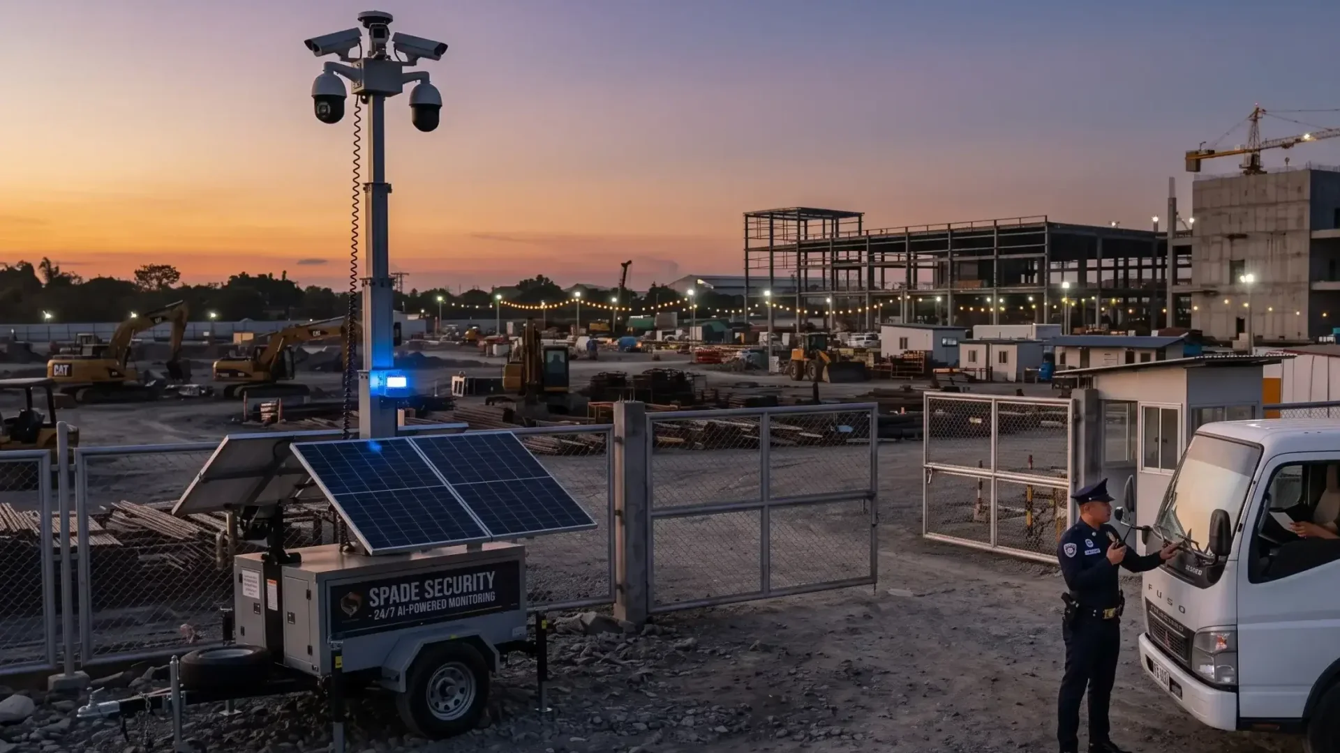 A solar-powered mobile surveillance trailer and a professional security guard protecting a commercial construction site at dusk.
