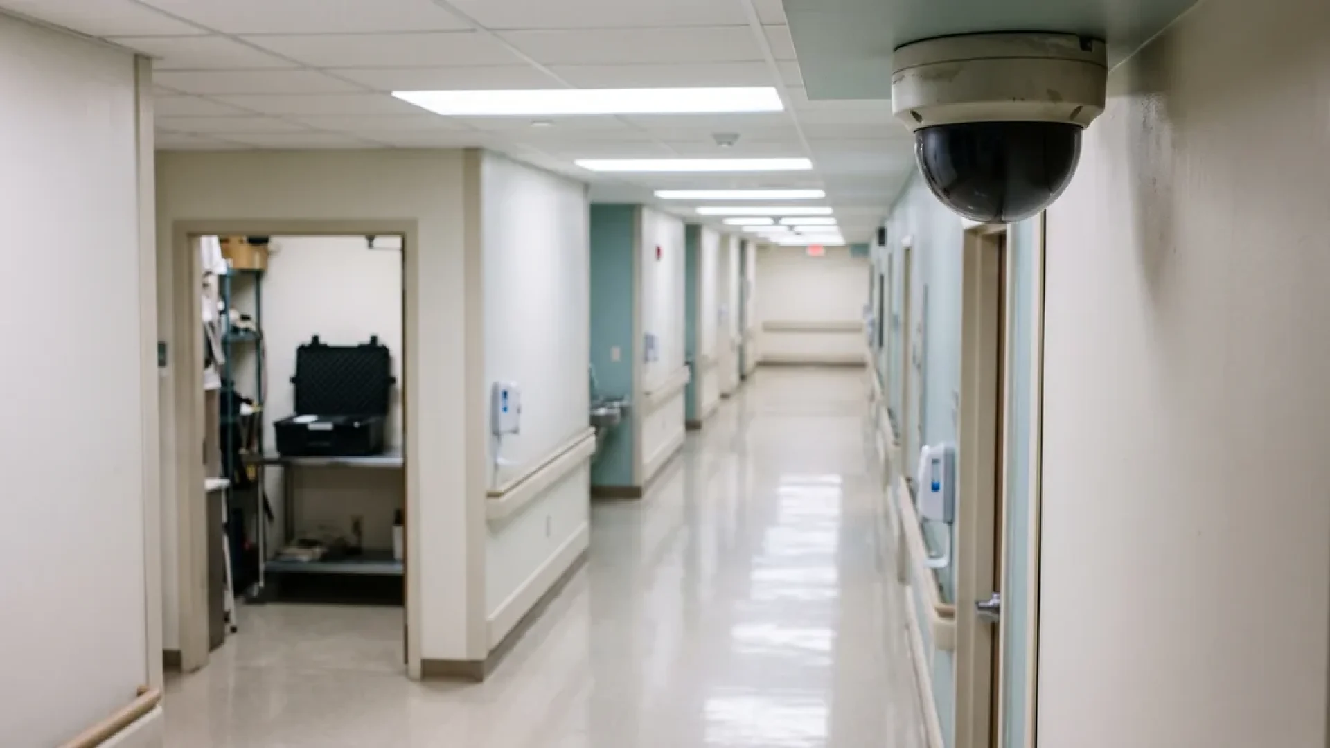 Dome security camera in a bright hallway of a medical office building with an equipment case visible in an open utility room