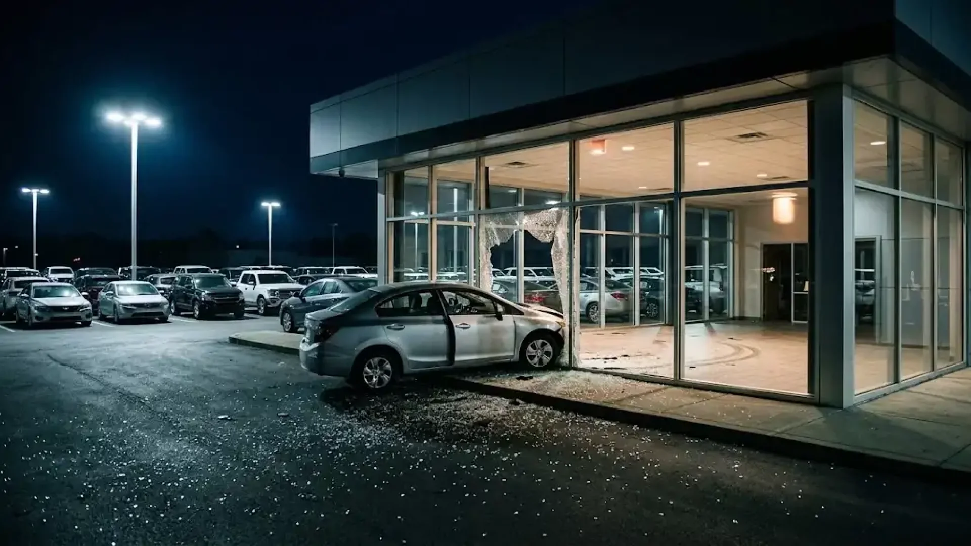 Car dealership showroom at night with a shattered front window, a silver sedan pushed into the broken frame, glass across the pavement and an empty display spot inside.