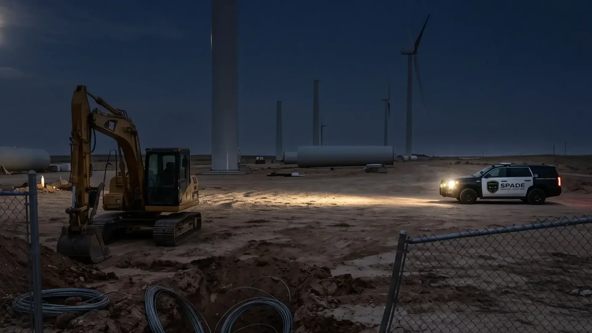 SPADE Security patrol vehicle responding to a construction site at night where an excavator was used in a copper theft breach