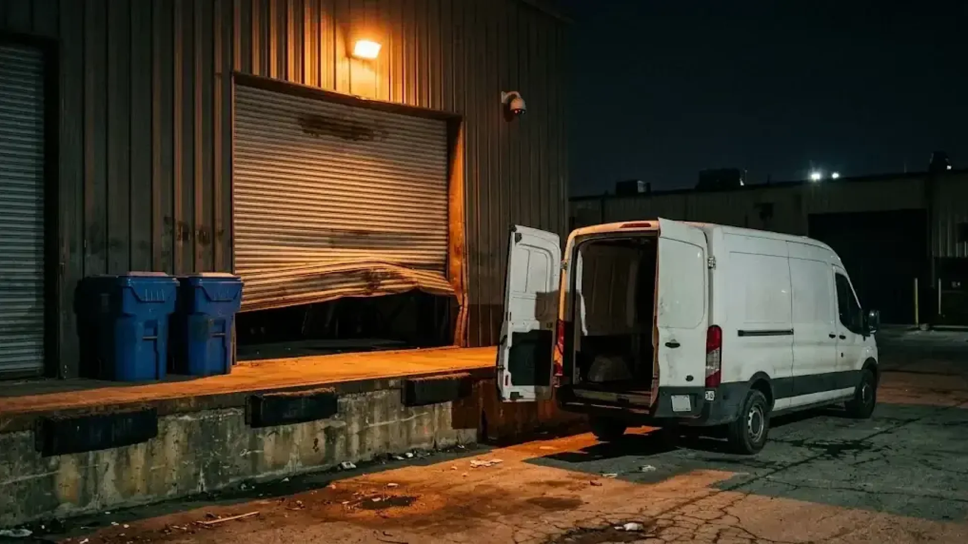 Night loading dock of a warehouse unit with its roll-up door pried open, two blue recycling bins beside the door and a white cargo van backed up with its rear doors open.