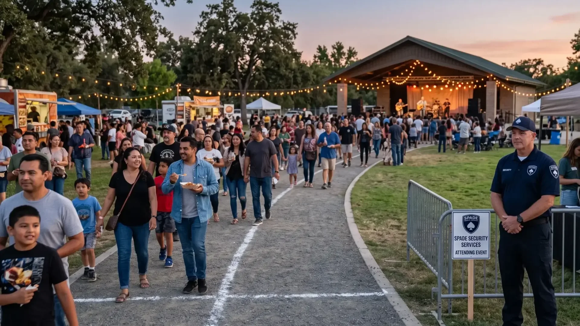 SPADE Security officer stationed at the entrance of an outdoor community event in the Sacramento region at dusk
