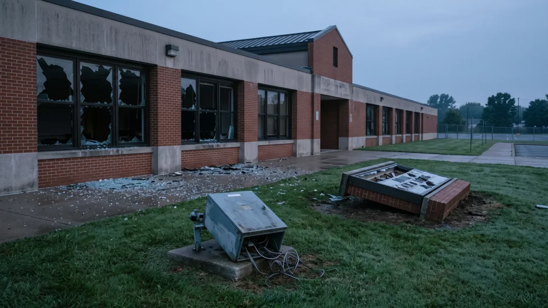 Shattered classroom windows and a ripped-out control box outside a middle school at dawn