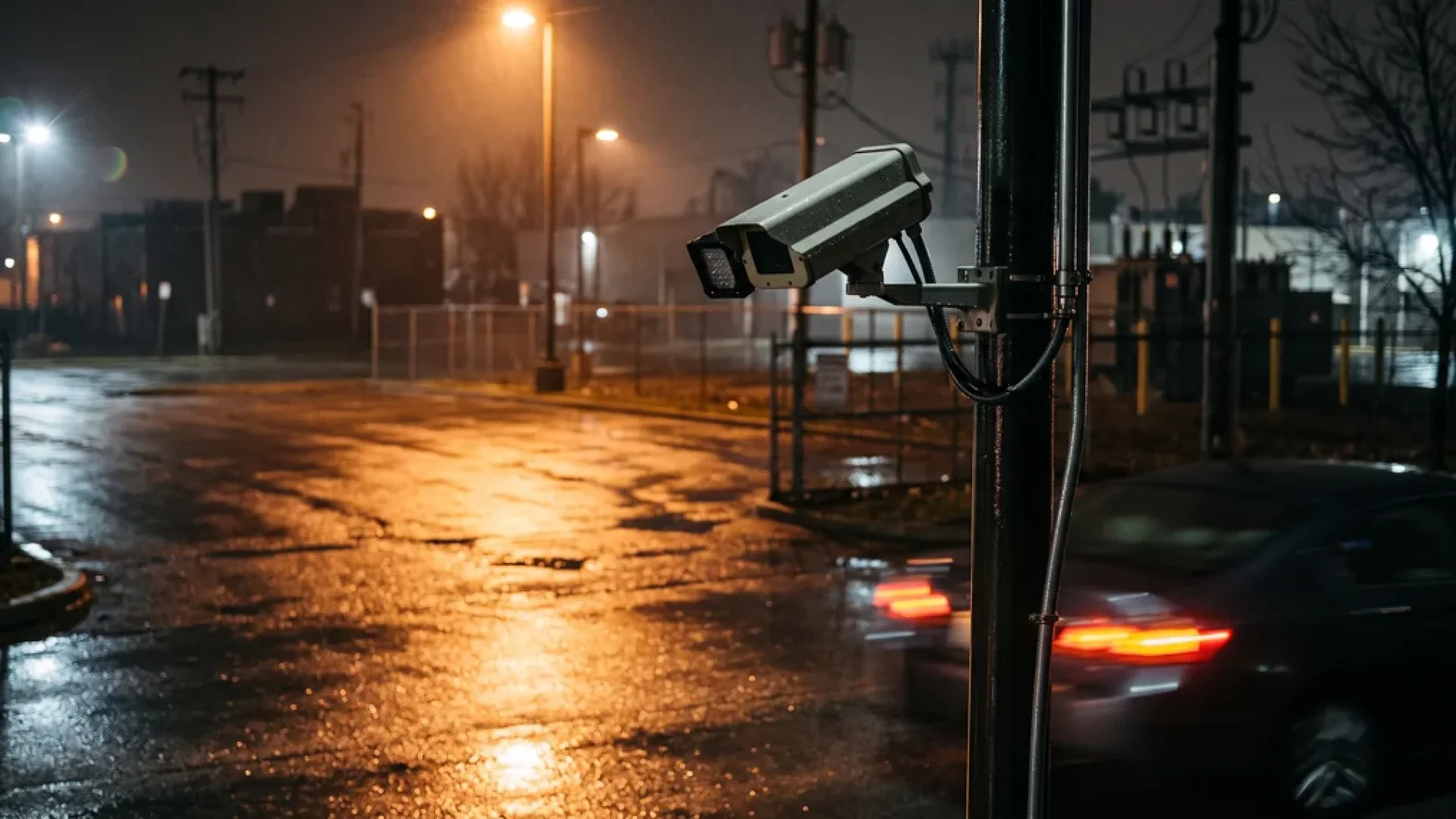 Pole-mounted license plate reader camera over a wet parking lot entrance at night as a car drives out