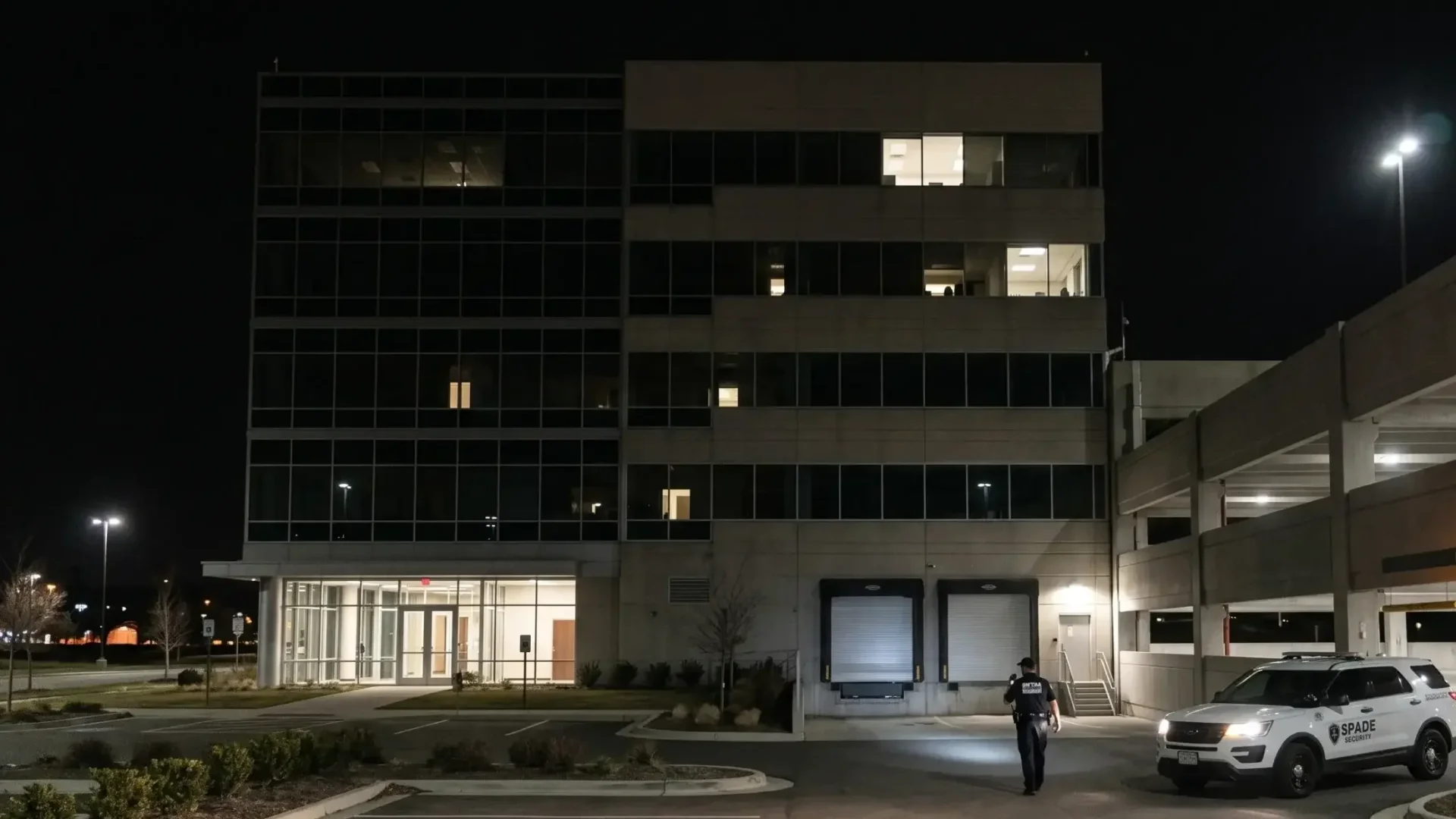 SPADE Security patrol vehicle and officer monitoring an office building parking structure and loading dock at night
