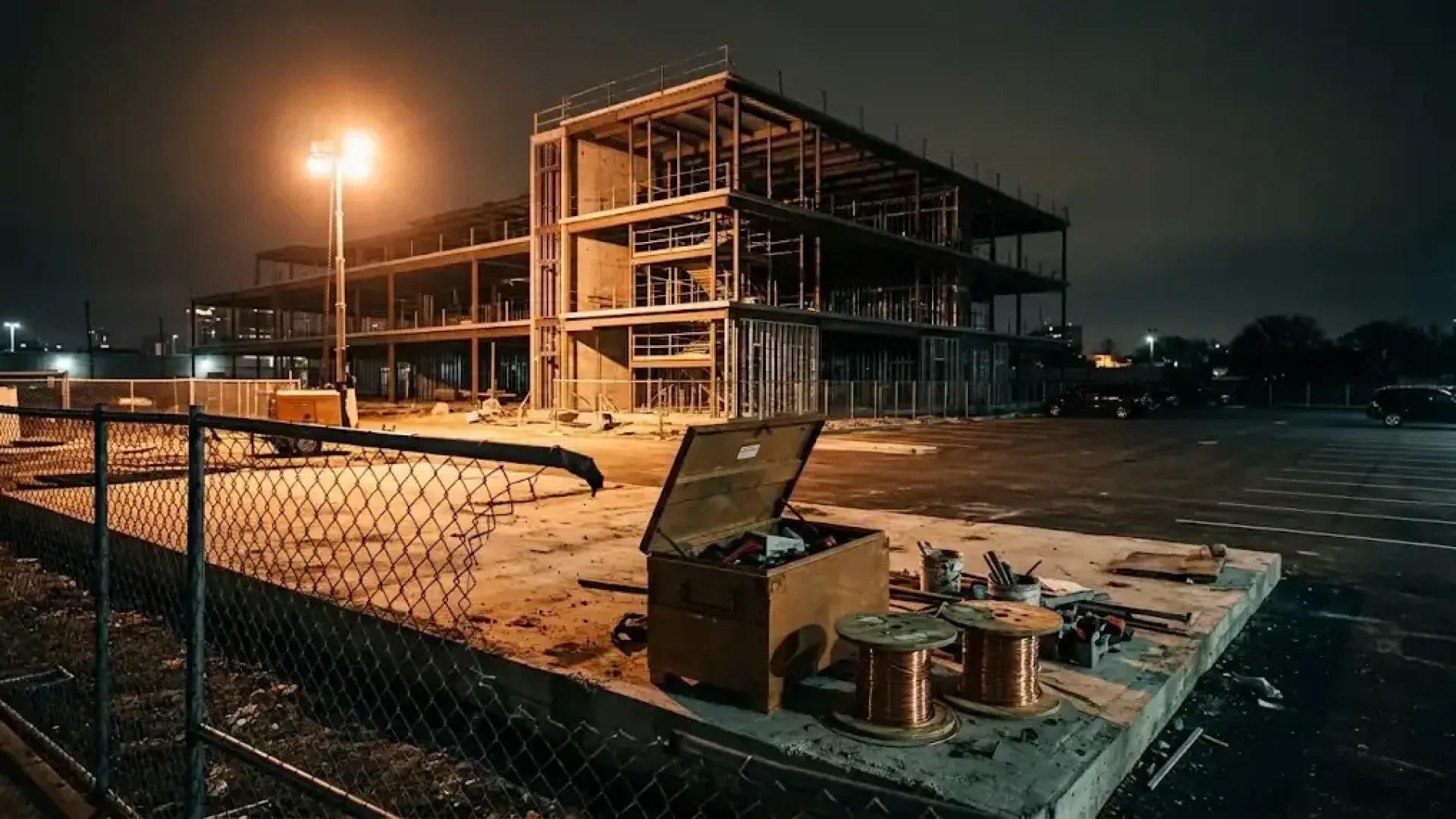 Night view of a school building under construction behind a cut chain-link fence, with a pried-open job box and spools of copper wire left on the concrete slab under a portable light tower.