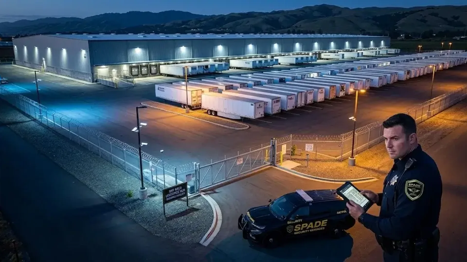Nighttime cold-chain logistics warehouse dock with refrigerated truck at sealed bay door and a security officer verifying driver credentials at the gate.