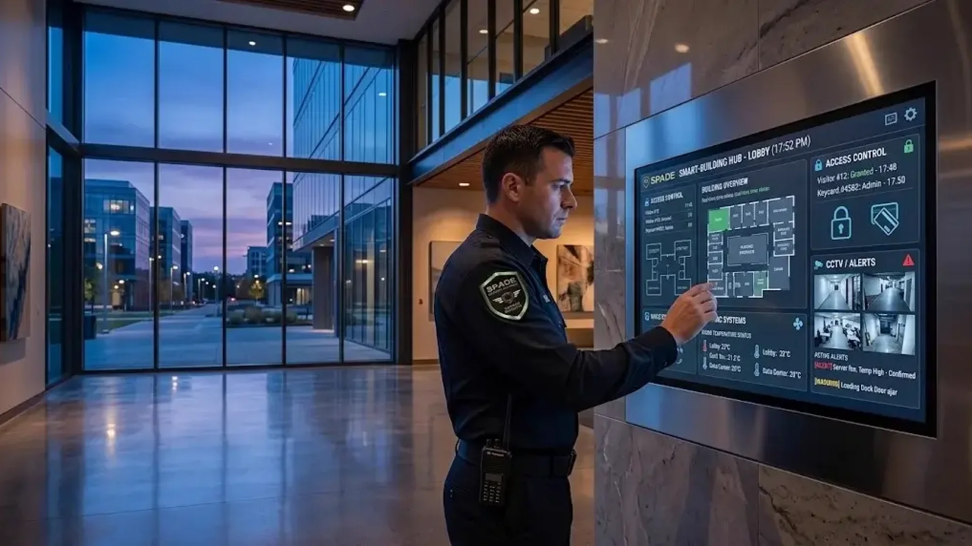 Security officer at a smart building management dashboard in a modern commercial office lobby at dusk, illustrating connected building security vulnerabilities.