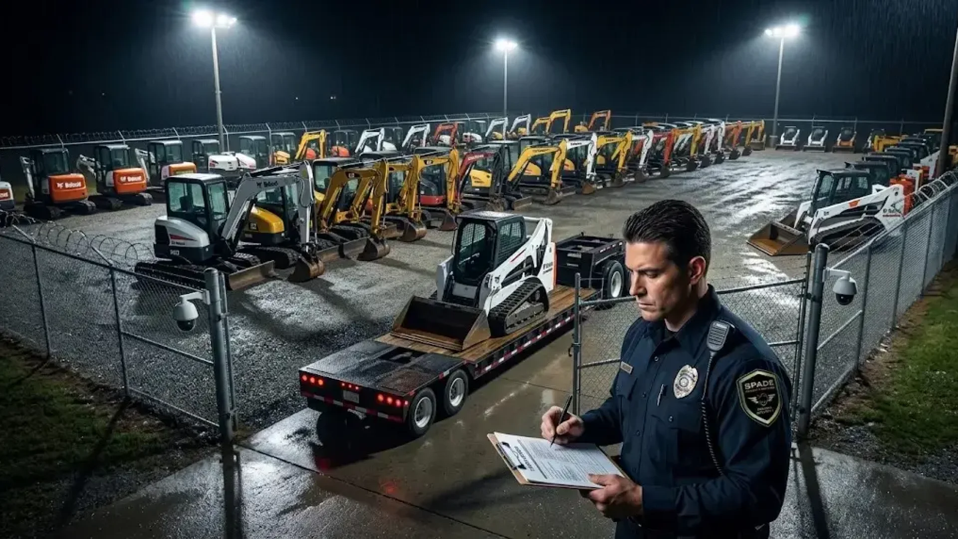 Nighttime construction equipment rental yard with rows of heavy equipment under floodlights and a security officer verifying a pickup work order at the gate.