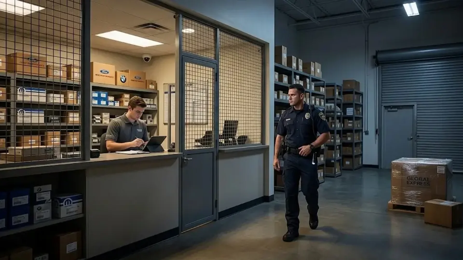 Dealership parts department interior at closing time with a clerk counting high-value SKUs in a controlled cage and a security officer conducting an after-hours walk-through.