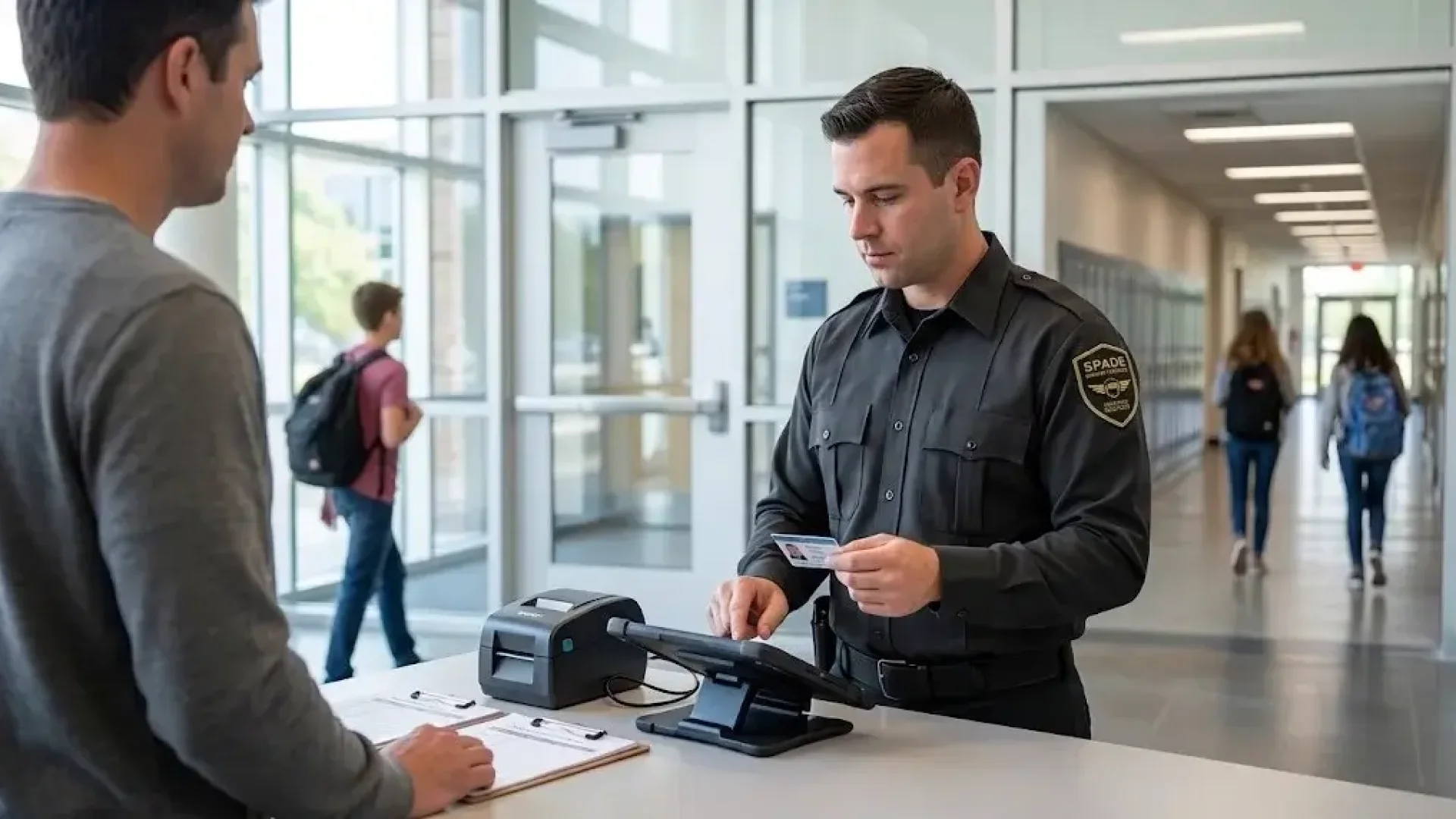 Security officer checking a visitor's photo ID at a K-12 school entrance check-in desk, with students visible in the hallway beyond.