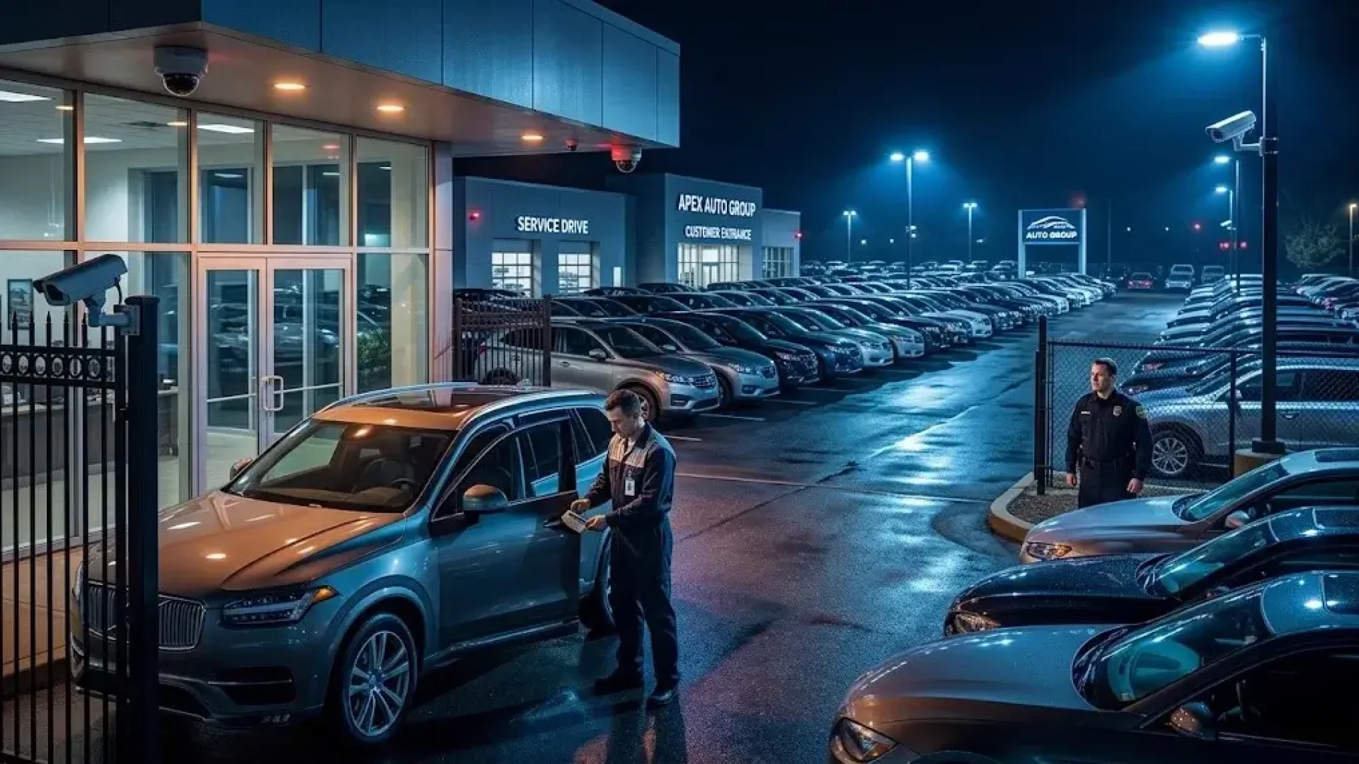 Nighttime auto dealership lot with a security officer near a customer's SUV, illustrating key-fob relay theft risk at dealership service drives.