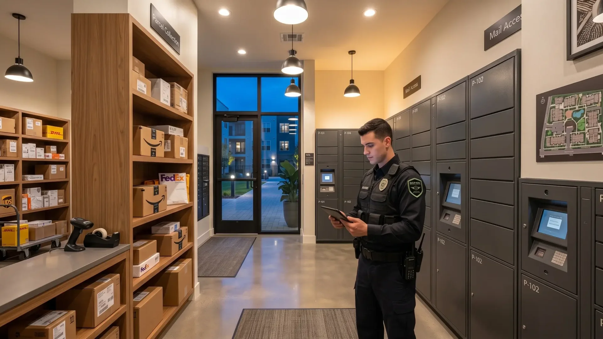 Apartment community mailroom and parcel locker area at dusk with a security officer reviewing deliveries near the entrance.