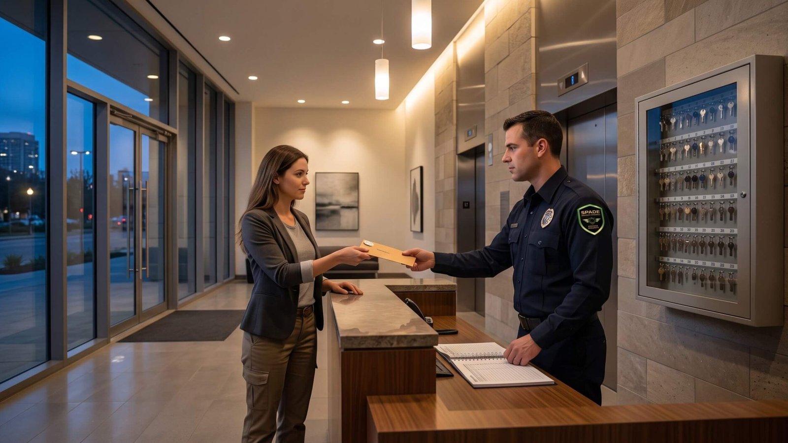 Multi-tenant office building lobby at closing time with a security officer receiving a key envelope from a tenant near a master key control cabinet.