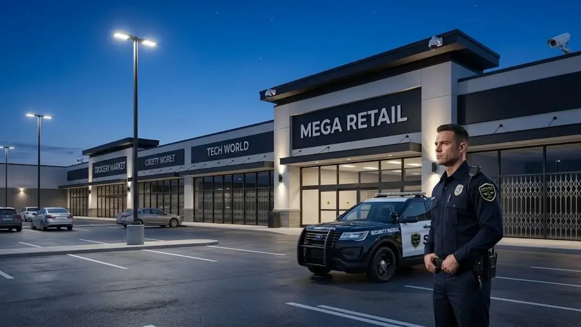 Nighttime view of a suburban retail shopping center with a marked security patrol vehicle passing closed glass storefronts under tall pole lighting.