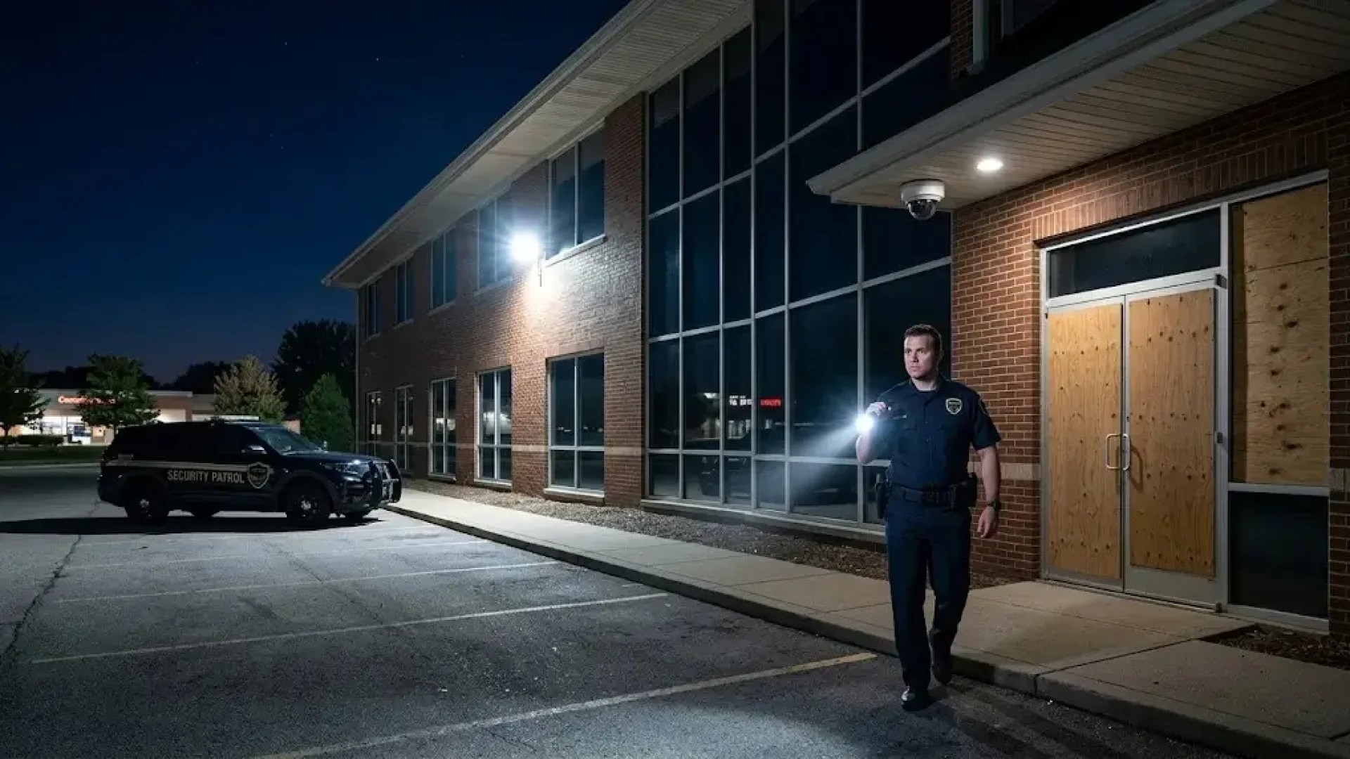 Vacant commercial office building at night with commercial-grade door boarding, motion-activated floodlight on, and a security patrol vehicle passing the front entrance.