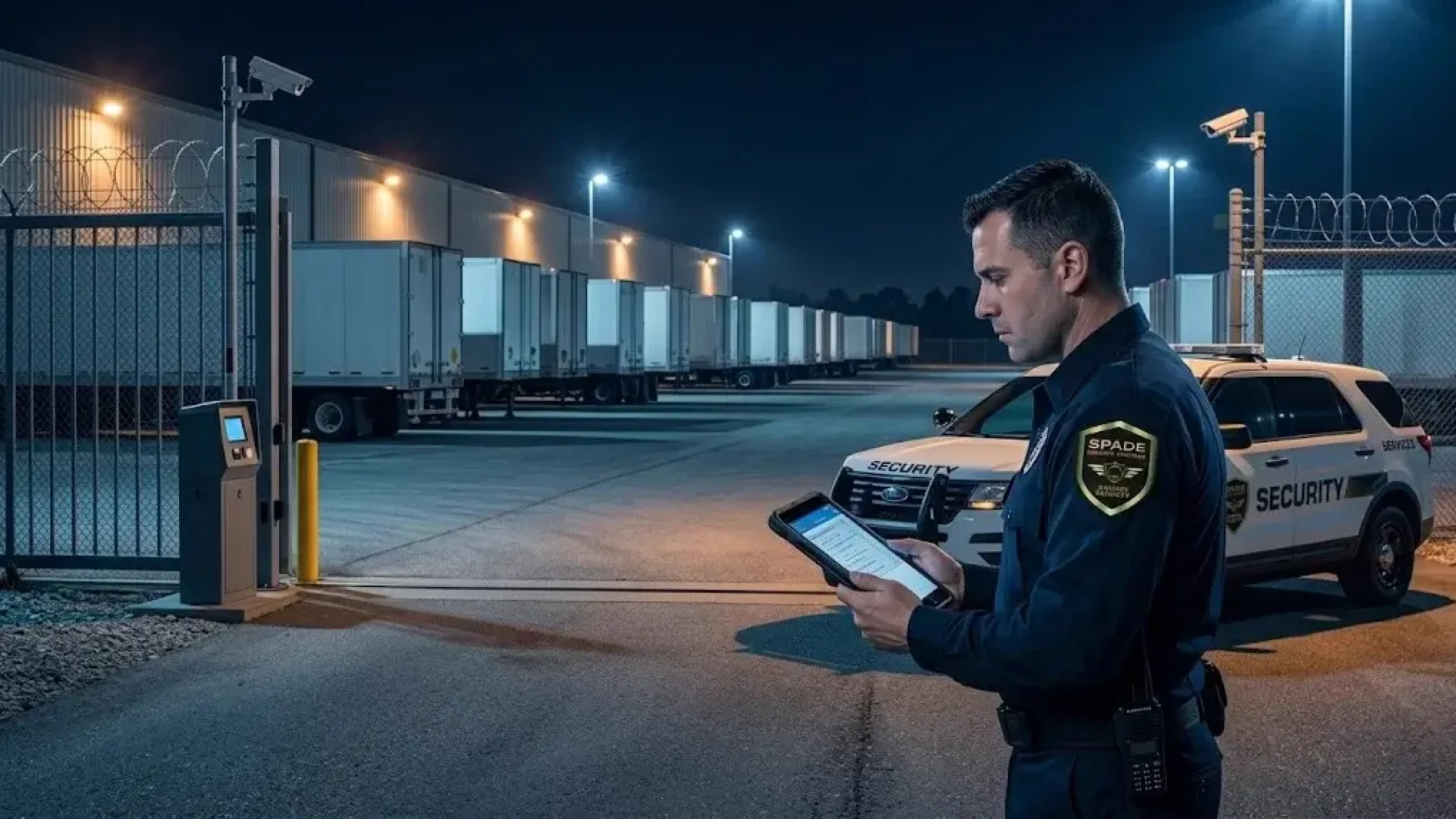 Nighttime aerial view of a logistics warehouse yard with security patrol vehicle, perimeter cameras, and a security officer monitoring operations at the gate entrance.
